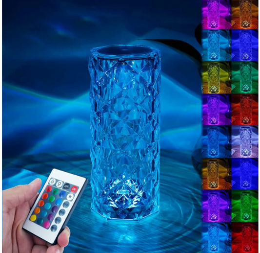16 Colors Diamond Rose Crystal Touch Lamp | USB Rechargeable Acrylic Bedside Table Lamp with Remote